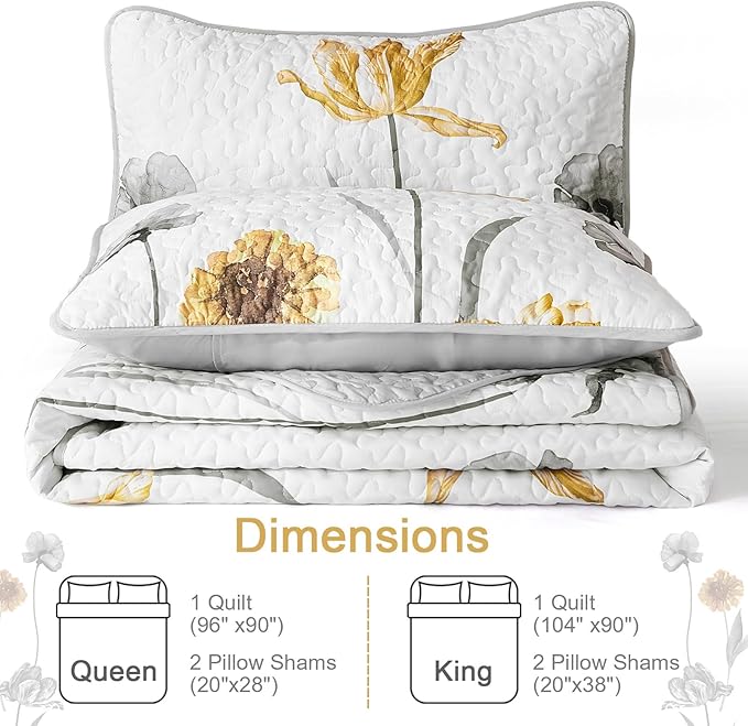 WONGS BEDDING Floral Quilt Set Queen,Grey and Yellow Bedspread Coverlet Bedding Set with 2 Pillowcase,Lightweight Summer Floral Bedding Set for All Season (96"x90")