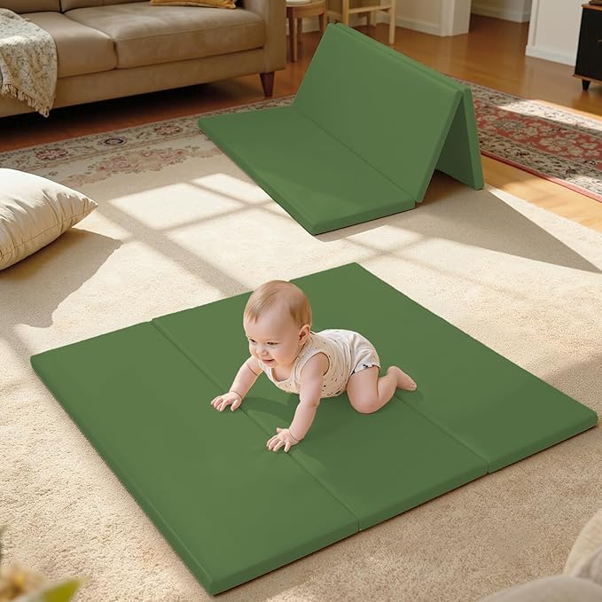 Foam Baby Play Mat: PU Leather Waterproof Kids Playmat - Trifold Floor Mat - Large Play Mat for Playpen Thick Pad Fodable Mattress Soft Toddler Mattress Infant Cushion for Preschool (Green)