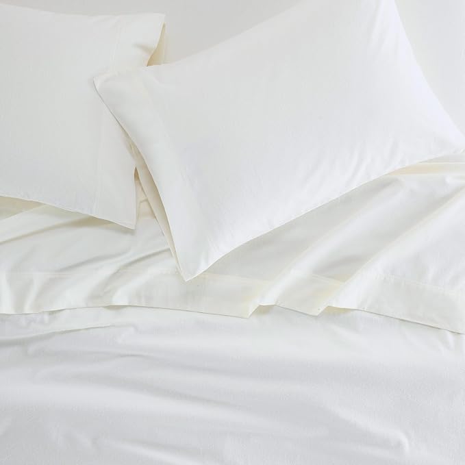 Superior Flannel Cotton Bed Sheet Set, Set Includes: One Flat Sheet, One Fitted Sheet and One Pillowcase, Breathable, Modern Solid Classic, Twin XL, Ivory