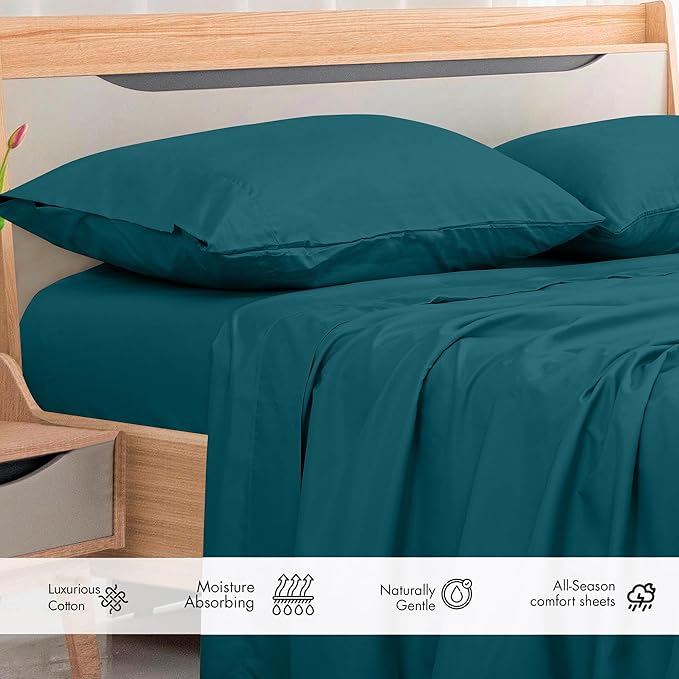 Royale Linens 300 Thread Count 100% Long Staple Combed Cotton Flat Sheet - Super Soft - Top Sheets - California King Flat Sheet Sold Separately - Breathable, Cool & Crisp Sheets Only (Cal King, Teal)