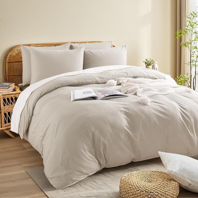 NEXHOME PRO Twin Duvet Cover Set – 100% Certified Organic Cotton with Washed Feel & Linen-Like Texture, Comfortable & Breathable, Home Bedding Set Light Linen (No Comforter)