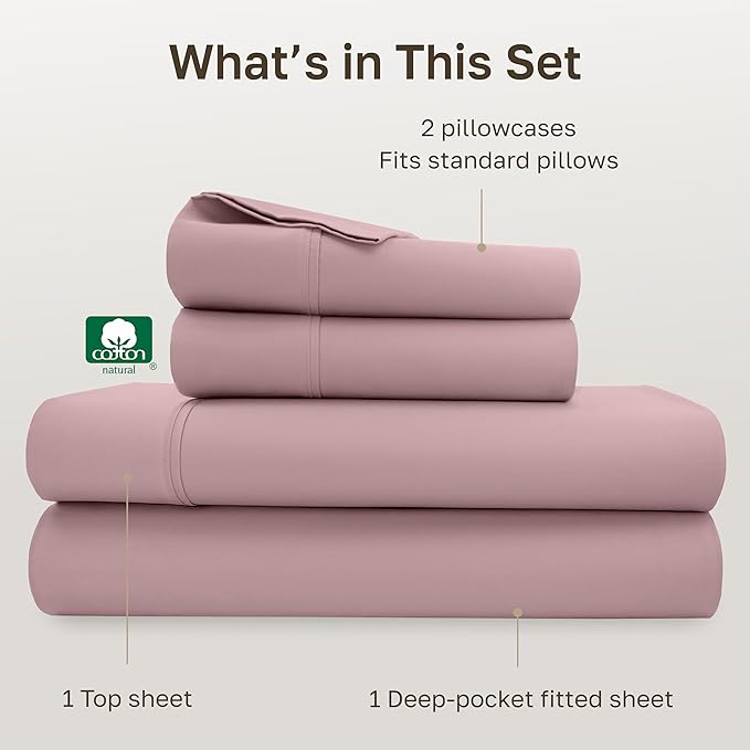 California Design Den Full Sheet Set Cotton - 400 Thread Count Sateen, Natural 100% Cotton Bedding Sheets & Pillowcases, Deep Pockets with All Around Elastic, Soft, Durable - Mauve