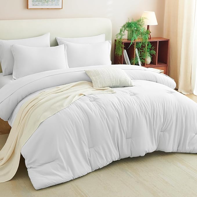 CozyLux Queen Comforter Set White, 7 Pieces Bed in a Bag Soft Bedding Comforter Set with Sheets, All Season Boho 7PC Bed Sets with Comforter, Fitted Sheets, Flat Sheets, Pillow Shams and Pillowcases
