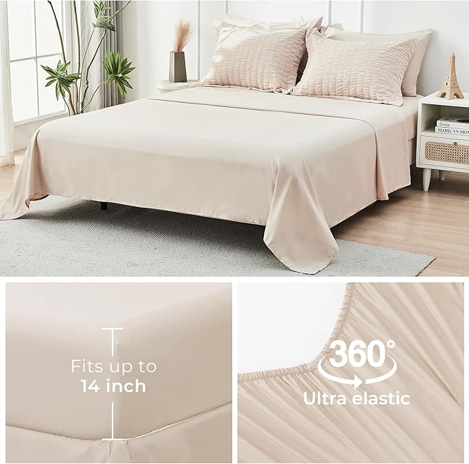 HYMOKEGE Beige King Size Comforter Set Seersucker 7 Pieces, All Season Luxury Bed in a Bag for Bedroom, Bedding Set with Comforters, Sheets, Pillowcases & Shams