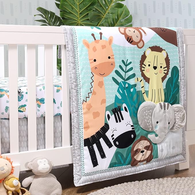 The Peanutshell 3 Piece Baby Crib Bedding Set for Boys & Girls - Newborn, Infant & Toddler Nursery Bed Set Decor with Fitted Crib Sheet, Dust Ruffle, Crib Comforter - Safari Adventures
