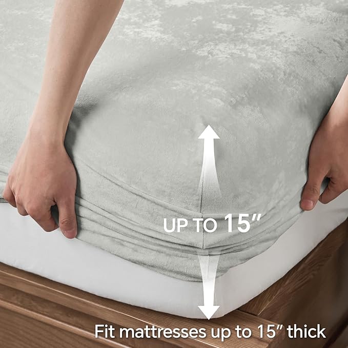 BEDELITE Velvet Fitted Sheet and Pillowcases Set, Luxury Soft Fuzzy Bottom Sheet with Reinforced Elastic Corner Straps, Deep Pocket up to 15 Inch, 1 Fitted Sheet and 2 Pillowcases (Queen, Light Grey)