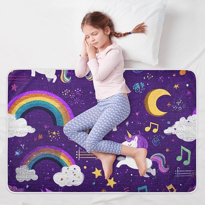 Waterproof Bed Pad Reusable Changing Pad Toddler Mattress Protector Large Pee Pad Baby Diaper Pad Soft Washable Liner Purple Unicorn Rainbow Cloud Moon