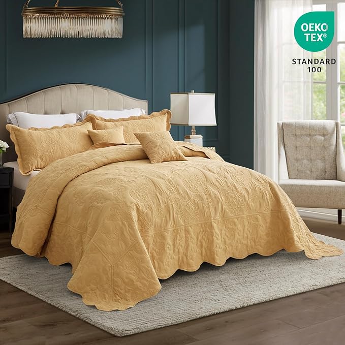 HZ & HY Oversized King Bedspread 128x120 Extra Wide, Quilted Coverlet Bedding Set, Lightweight Thin Comforter, Reversible, Luxurious, 5 Piece, 100% Microfiber, Honey Gold