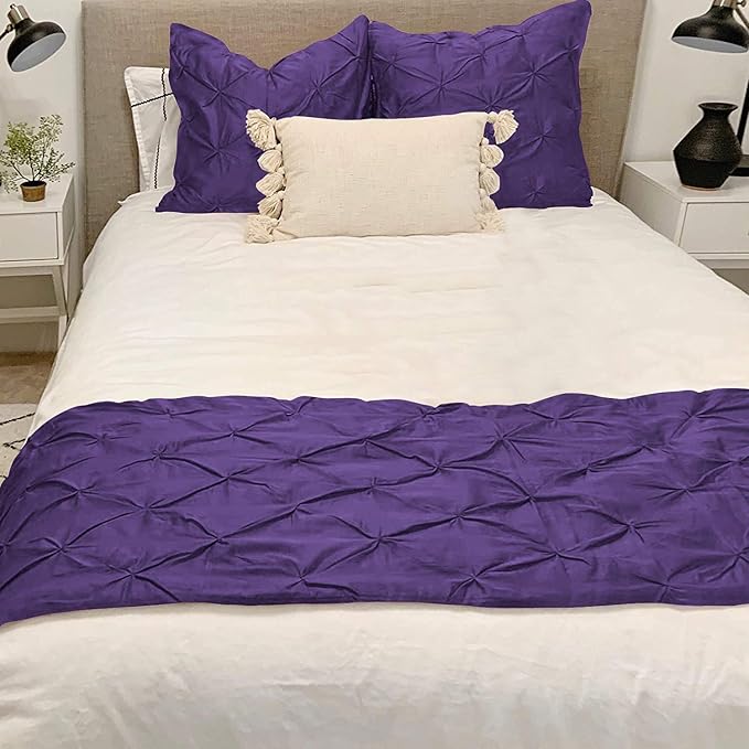 Bed Runner Set - 100% Pure Cotton 800 Thread Count - Luxury 1 Pinch Pleated Bed Runner and 4 Pillow Cover - 5 Piece Pinch Pleated Bed Runner Set King, Purple