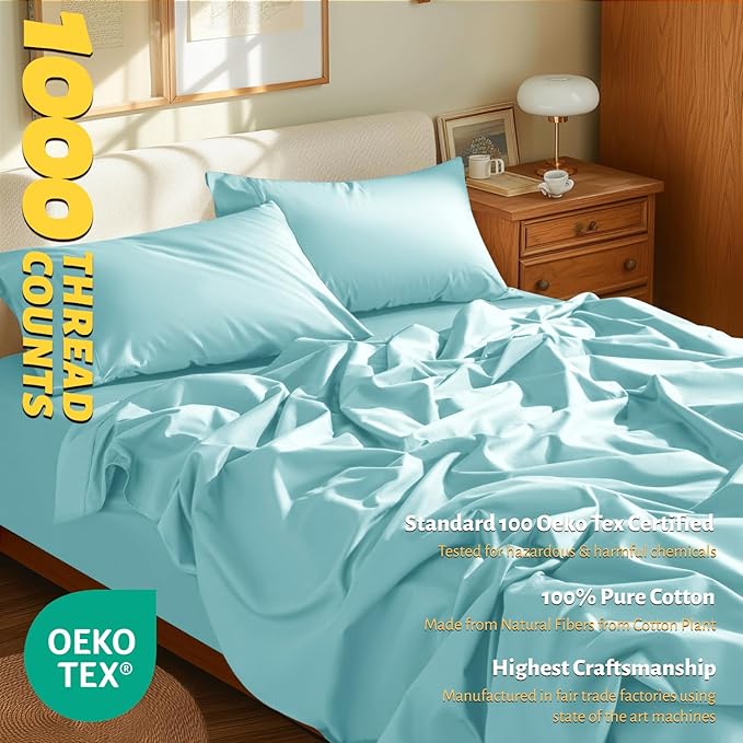 Shilucheng 100% Egyptian Cotton King Size Sheets Set - 1000 Thread Count，Luxury Cotton Bed Sheets，Breathable & Cooling Bedding and Pillow Cases, 16 Inch Deep Pocket - 4 Piece (Spa Blue, King)