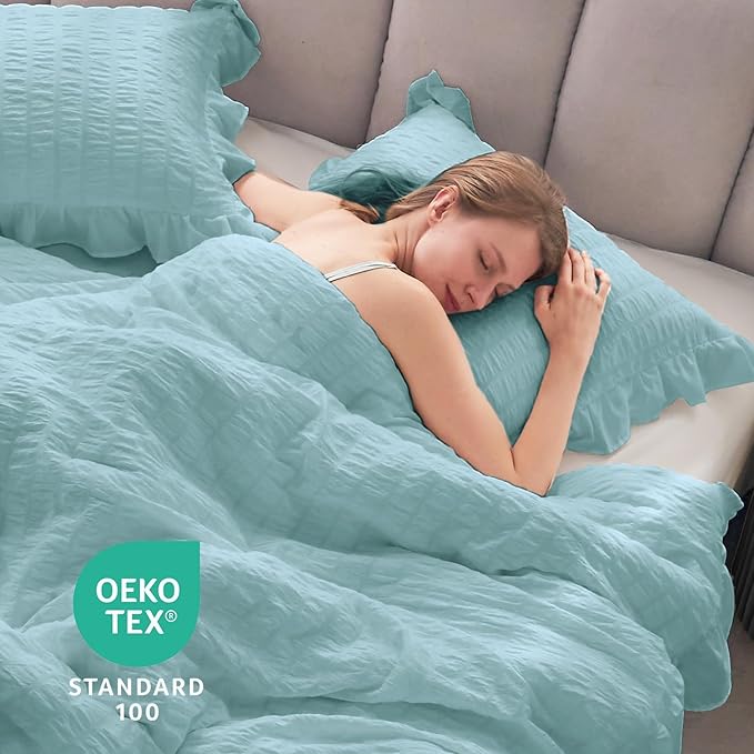 JOLLYVOGUE Light Blue King Size Comforter Set, 3 Pieces Seersucker Comforter King Size, Lightweight & Fluffy Bedding Sets for All Season with 1 Ruffle Comforter and 2 Ruffle Pillowshams