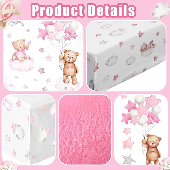 Mixweer 5 Pcs Crib Bedding Set for Toddlers Include Cloud Balloon Bear Theme Crib Sheets, Skirt, Comforter, Pad Cover, Wall Stickers for Boys or Girls Nursery Bedding Sets(Pink)