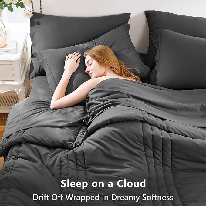 CozyLux Queen Size Comforter Sets - 7 Piece Bed in a Bag Dark Grey Comforter Set with Sheets Queen Bed Set All Seasons, Bedding Set with Down Alternative Comforter, Sheets, Pillowcases & Shams