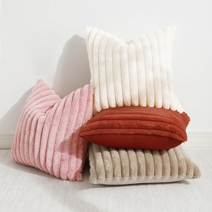 decorUhome Cozy Faux Fur Spring Throw Pillow Covers 16x16 Set of 2 Decorative Soft Plush Striped Modern Farmhouse Boho Couch Pillow Cases with Velvet Back for Sofa Bed Living Room, Rust