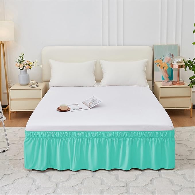 GIBZ Adjustable Wrap Around Ruffled Bed Skirt, Elastic Dust Ruffles Easy Fit Wrinkle & Fade Resistant, Machine Washable, King 16" Drop, Light Green