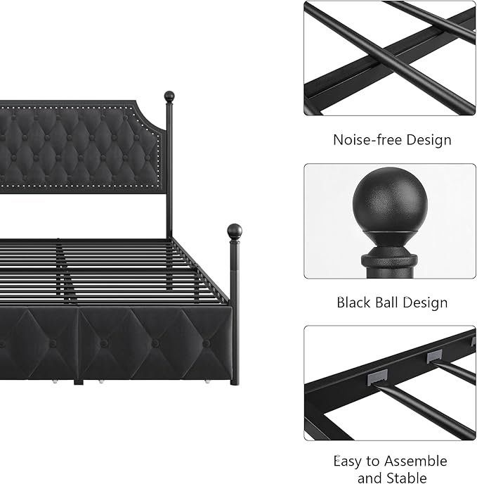 Keyluv King Upholstered Canopy Bed Frame with 3 Drawers and Button Tufted Headboard Metal Platform Bed with 4 Removable Posts Two-Purpose Velvet Bed No Box Spring Needed Dark Grey/Curtain Not Included