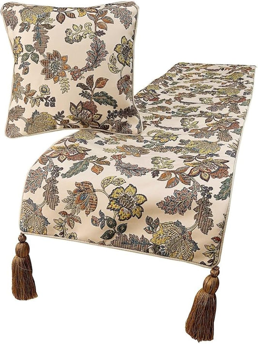 The HomeCentric King Queen Twin Multi Color & Ivory Handmade CA King 86"x18" Bed Runner with 2 Pillow Cover, Floral Bed Scarf on Jacquard Fabric - Seasons Blossoms