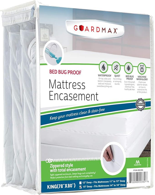 Guardmax Jersey Knitted King Zippered Mattress Encasement with Deep Pockets - Waterproof & Bed Bug Proof Mattress Protector - Comfortable, Soft, and Noiseless Zippered Bedding - (78 x 80 x 15)