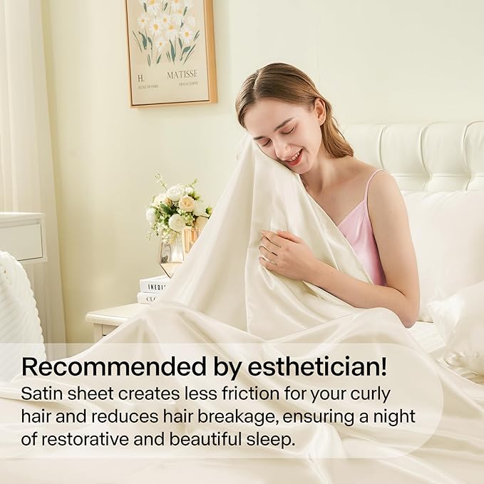 BEDELITE California King Sheets Set, Luxury Soft Beige Satin Sheets for Hair and Skin, Similar to Silk Bed Sheets Set 4 Pieces with 1 Deep Pocket Fitted Sheet, 1 Flat Sheet, and 2 Pillowcases