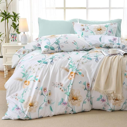 MUXHOMO Green Branch Full Comforter Set, Elegant Floral Print Bed in a Bag 7 Pieces, Ultra Soft & Breathable Reversible Botanical Pattern Bedding Set with Comforter, Sheets, Pillowcases, and Shams