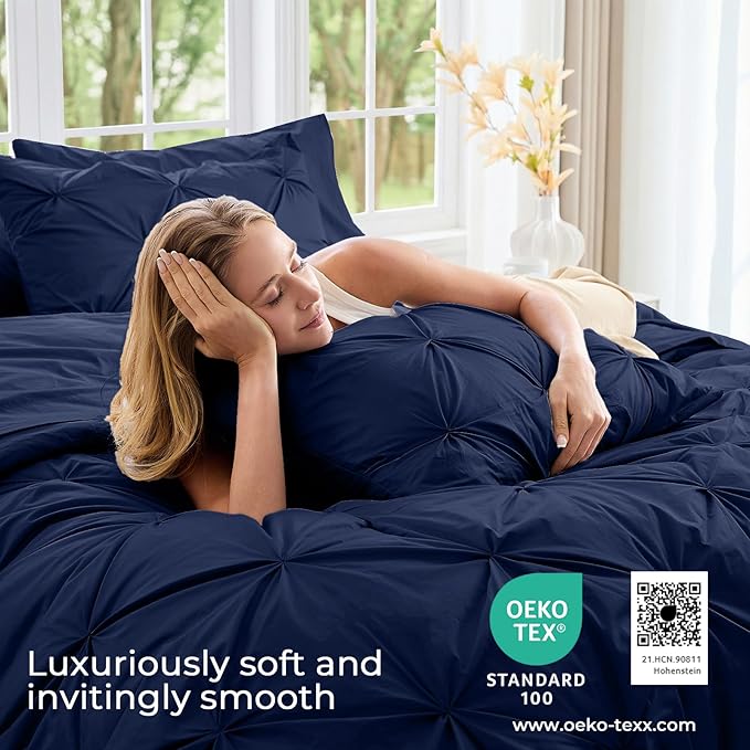 Sasttie California King Comforter Set, 7-Piece Bed in a Bag, Pintuck Bedding Sets for All Season, Includes Comforter, Flat Sheet, Fitted Sheet, Pillowcases and Pillowshams, Navy Blue