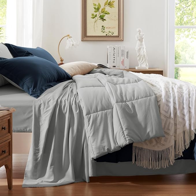 Anluoer Queen Comforter Set 7 Piece, Reversible Bed in a Bag Queen Size, Lightweight Bedding Set with 1 Comforter(88"*88"), 2 Pillow Shams, 2 Pillowcases, 1 Flat Sheet, 1 Fitted Sheet, Navy & Grey