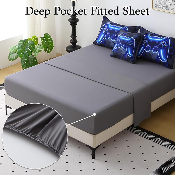 JQinHome Twin Size Gaming Bedding Set 6-Piece Comforter for Boys Teens - 3D Video Game Print Bed in a Bag with Sheets, Blue Cool Black Design (Twin)