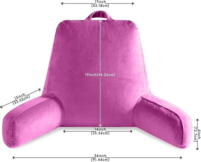 Reading Pillow for Sitting in Bed Adult, X-Large Reading Pillow with Shredded Memory Foam, Back Pillow for Sitting Up with Extend Arms, Pockets, Bed Pillow with Washable Cover, Rose Red