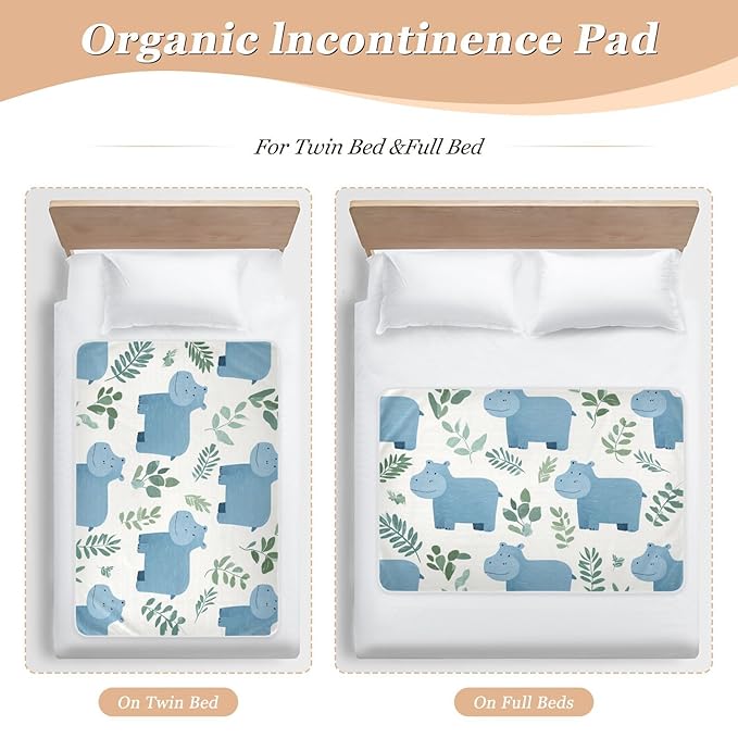 Waterproof Bed Pad Reusable Changing Pad Toddler Mattress Protector Large Pee Pad Baby Diaper Pad Soft Washable Liner Cute Hippo and Green Leaves