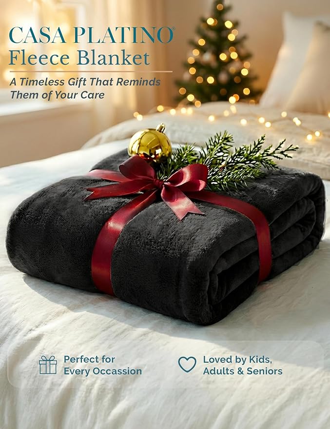 Casa Platino Fleece Blanket Twin Size – 300 GSM Black Fleece Throw for Bed or Couch – Soft Cozy Warm Holiday Winter Blanket for Bed, Fuzzy Plush Elegant Gifts for Kids, Men & Women - 68x90 Inch