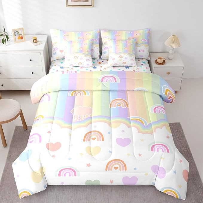 Feelyou Boys Girls Rainbow Comforter Set with Sheets Twin Size, Colorful Stripes Bed in A Bag Geometric 7 Pieces Bedding Sets Kids Modern Art Teens Bed Set Room Decor