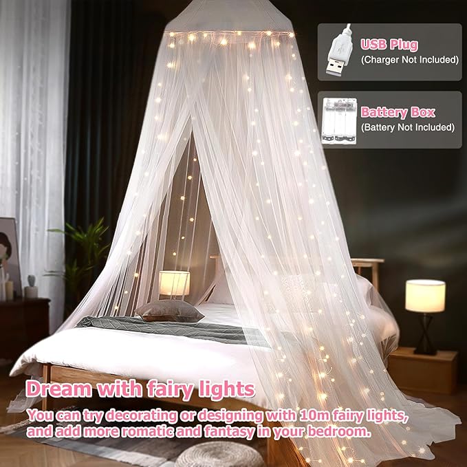 Bed Canopy with Lights, Bed Canopy for Girls Princess with Luminous Stars, Canopy Bed Curtains for Twin Size Bed, Baby Kids Adult Indoor Decor Bedroom Reading Nook Outdoor Camping, White