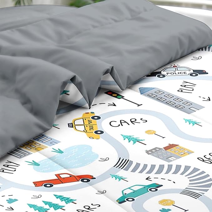 Comforter Set Full Size, Cute Car City 7 Pcs Bedding for Kids and Adults, Cartoon Tree Truck Bed Sheet Sets with Fitted Sheet 2 Pillowcases & 2 Shams for Bedroom Bed Decor