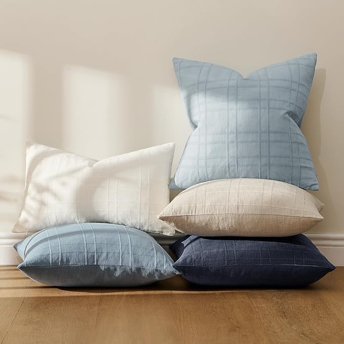 MIULEE Decorative Linen Check Euro Shams Throw Pillow Covers Neutral Farmhouse Vintage Pillow Covers 24x24 Set of 2 Boho Modern Home Decor for Sofa Couch Bedroom Cushion Coastal Blue