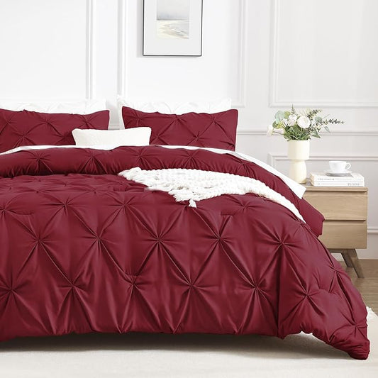 Andency California King Comforter Set Burgundy (104x96Inch), Pinch Pleat Cal King Comforter Set 3 Pieces, Oversized King Pintuck Bed Comforter, Microfiber Down Alternative Comforter Bedding Set