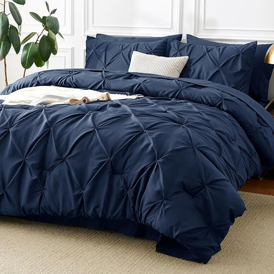 CozyLux Full Size Comforter Sets Navy Blue, 7 Pieces Pintuck Bed in A Bag Blue Comforter Full Size, Pinch Pleat Bedding Sets with All Season Comforter, Sheets, Pillowcases & Shams