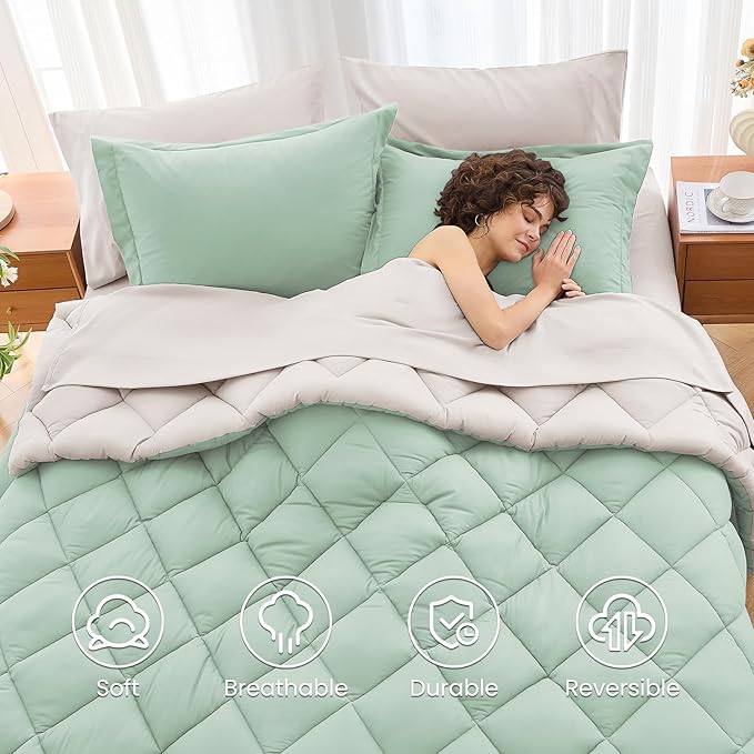 MUXHOMO 5 Pieces Twin XL Comforter Set, Reversible Bed in a Bag Twin XL Size, All Season Bedding Set with Comforter, Flat Sheet, Fitted Sheet, Pillowcases & Shams, Sage Green & Beige