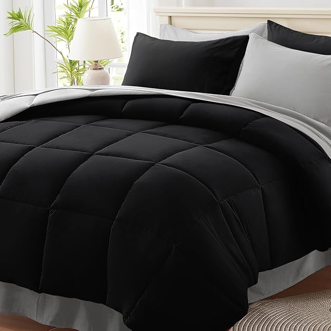 Anluoer King Size Bed in a Bag 7 Pieces, Black and Grey Bed Comforter Set with Sheets, All Season Bedding Sets with 1 Comforter,2 Pillow Shams,2 Pillowcases, 1 Flat Sheet, 1 Fitted Sheet