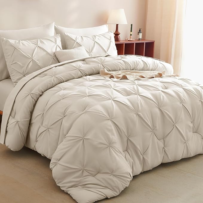 CozyLux Twin Comforter Set with Sheets Beige, 5 Pieces Pintuck Bed in A Bag, Twin Bed Set Gift for Family, Pinch Pleat Bedding Set with Comforter, Sheets, Pillowcase & Sham