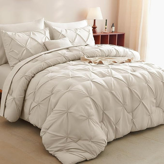 CozyLux Full Size Comforter Sets Beige, 7 Pieces Bed in A Bag Beige Comforter Full Size, Pinch Pleat Bedding Sets with All Season Comforter, Sheets, Pillowcases & Shams