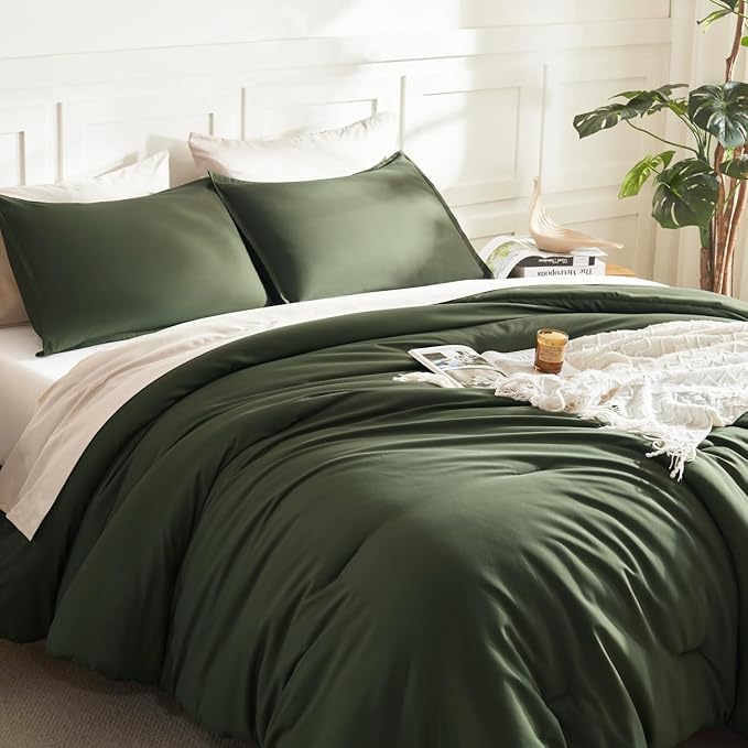 Litanika Dark Olive Green California King Comforter Set - 3 Pieces Cal King Lightweight Summer Soft Solid Bed Comforter, Oversized Fluffy Down Alternative Bedding Set (104x96In, 2 Pillowcases)
