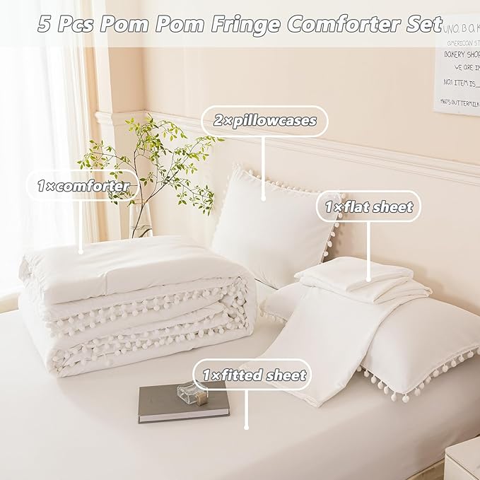 PERFEMET 5 Pcs Ivory Comforter Sets Full Size Pom Pom Fringe Solid Bedding Set with Sheets Soft Lightweight White Kids Bed in A Bag for Girls Boys(Ivory, Full)