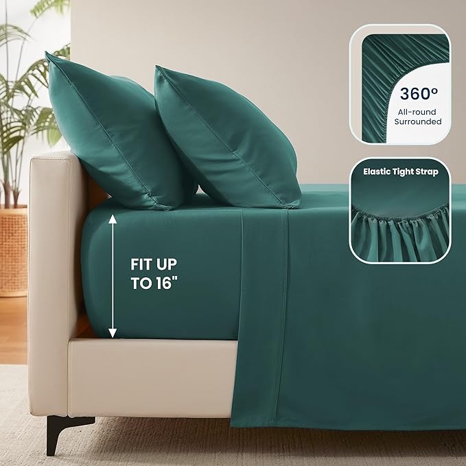 SLEEP ZONE Nanotex Super Soft Cooling Twin Bed Sheets Set for Kids 3 Piece - Easy Care Fitted Flat Sheet & Pillowcase Sets - Wrinkle Free, Fade Resistant, Deep Pocket 16" (Teal, Twin)