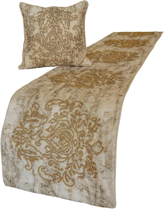 The HomeCentric King/Queen/Twin Ivory & Gold Decorative Twin 53"x18" Bed Runner Without Pillow Cover, Beaded & Foil Bed Scarf on Silk Fabric - Foil Damask Gold