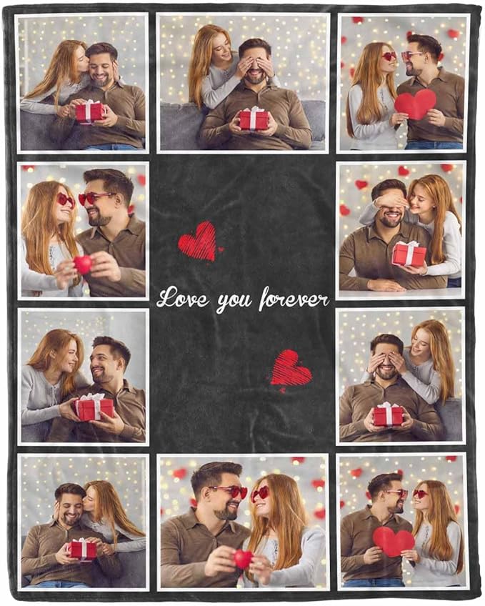 Blanket with Pictures Customized, 10 Photos Personalized Blankets Custom Blanket Personalized Picture Blankets for Couple Birthday Gifts for Wife Husband, 8 Sizes