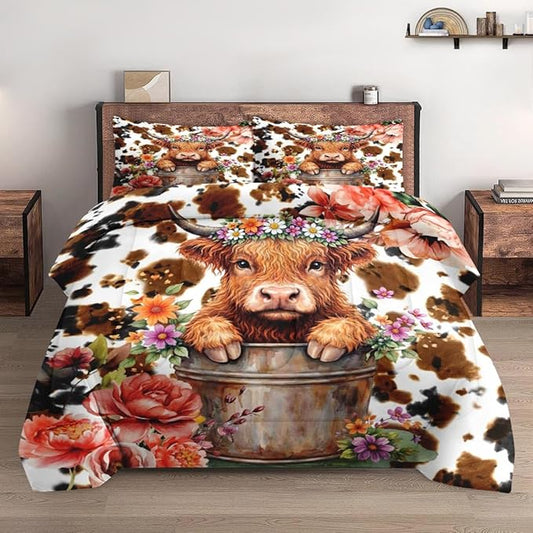 King Size Comforter Set with 2 Pillowcases, Cute Happy Highland Bull 3 Pcs Bedding for Kids and Adults, Flower Cow Print Soft Comforter Set for Bedroom Bed Decor