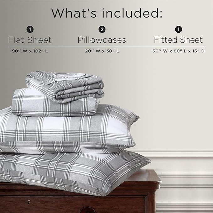 Briarwood Home® Printed Flannel Sheet Set, 100% Natural Cotton, Soft, Warm & Deep Pocket, Advanced Nano-Tech Making it Resistance to Pilling; Brushed 6 Times for Softness (Grey Plaid, Queen)