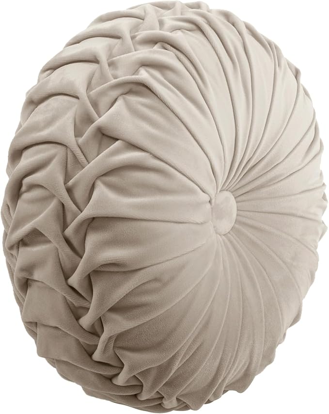 Lush Decor Round Pleated Soft Velvet Decorative Throw Pillow, 1 Count, 15" Diameter, Taupe - Neutral Plush Round Pillow, Seat Cushion, Decorative Pillows For Bed, Couch, Or Chair