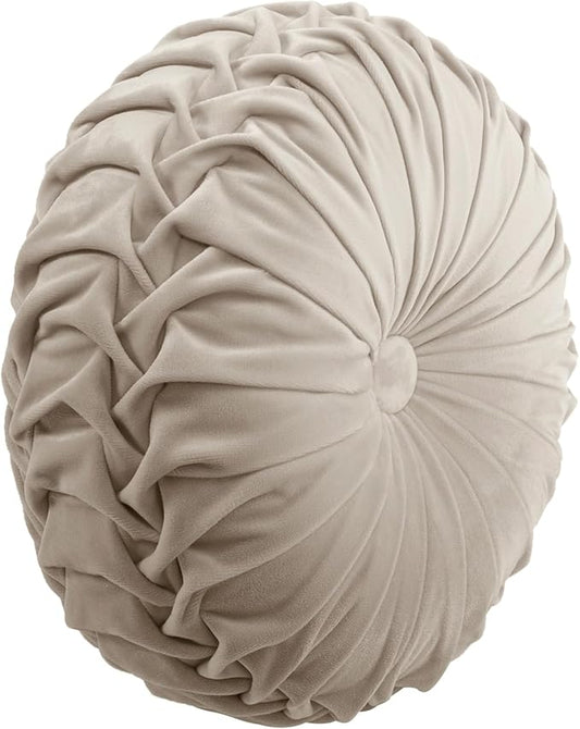 Lush Decor Round Pleated Soft Velvet Decorative Throw Pillow, 1 Count, 15" Diameter, Taupe - Neutral Plush Round Pillow, Seat Cushion, Decorative Pillows For Bed, Couch, Or Chair