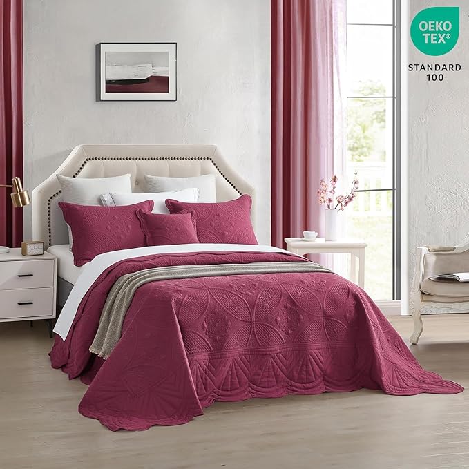 Bedspread - Full Size Bedding Cover - Modern & Contemporary Coverlet Set, Real Stitching, Reversible, Lightweight, 5 Piece, Burgundy